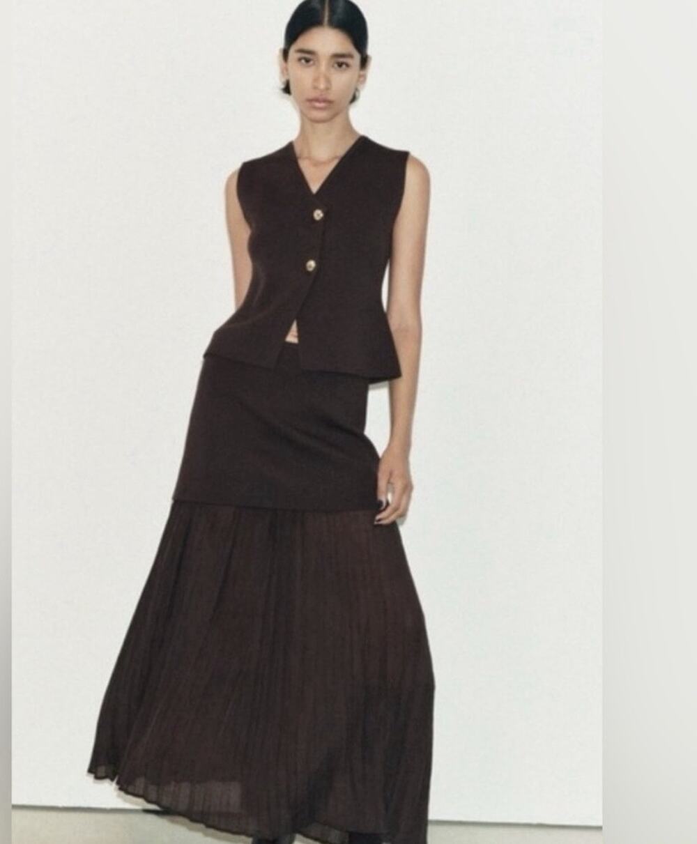 ZARA BROWN PLEATED MIDI SKIRT WOMENS M STRETCH OVERLAY HIGH WAIST